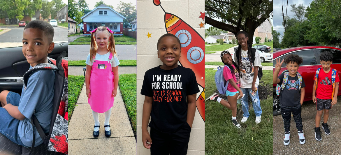 Pictures of children posing and smiling for first day of school